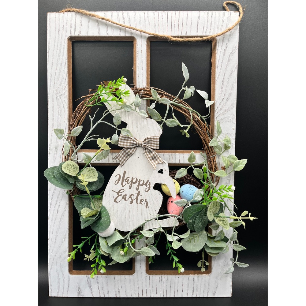 Happy Easter Farmhouse Window Pane Wall Decor Bunny Wreath Eggs Rustic 18" x 12"